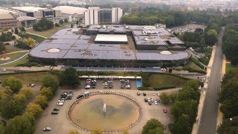 Brussels Belgium 8 OCT 2016: ADAM - famous design museum, aerial top view of solar panels on the roof, green and clean power, sunlight energy, ecology heat and electric. Envieornmental architecture