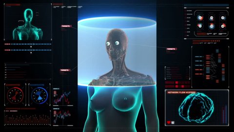 Zooming front Female body and scanning Human eyes system in digital display dashboard. Blue X-ray light.