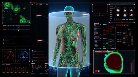 Female Human body scanning lymphatic system in digital display dashboard. Blue X-ray light. HD