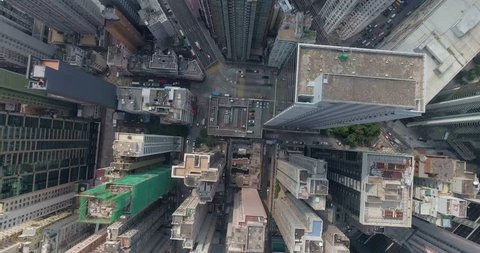 A bird's eye view of downtown Hong Kong in september. Top view of the city center.Beautiful aerial shot of many high skyscrapers.
