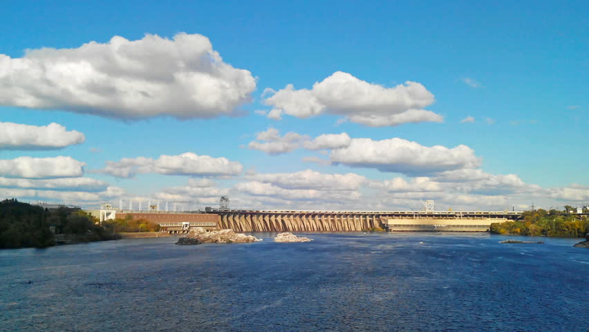 Time Lapse movement of water and clouds in the Dnieper Hydroelectric Station on the Dnieper River in Ukraine.