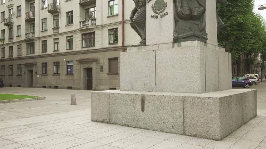Bronze statue of Grand Duke Vytautas with sword on street Sapiegos in Kaunas, Lithuania.