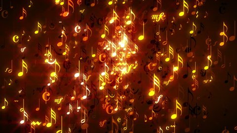 Seamless animation of golden musical notes for music videos, LED screens and projections at night clubs, concerts, festival, exhibition, celebration, wedding and fashion events.