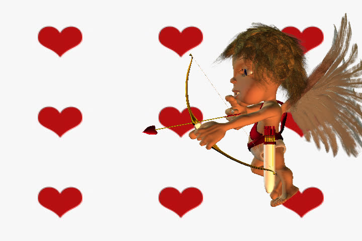 animated full size cupid on a pulsing heart background