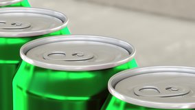 Soda, soft drink or beer production line. Green aluminum cans on industrial conveyor. Recycling ecologic packaging. 4K seamless loopable clip
