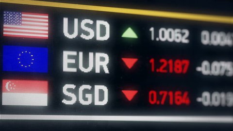 Singapore, US dollar, Euro comparison, currencies falling, financial crisis. World currencies plummet down, financial crisis, stock market crash
