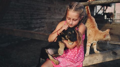 Little Curly Girl in a Pink Dress Caresses a Puppy and Cat at the Farm