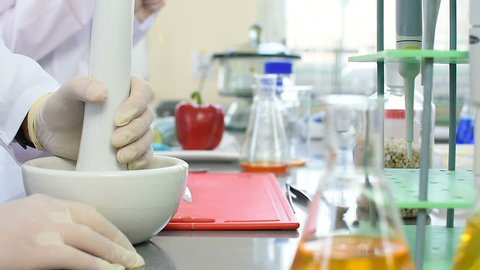 Scientist uses ceramic mortar and pestle for food inspection