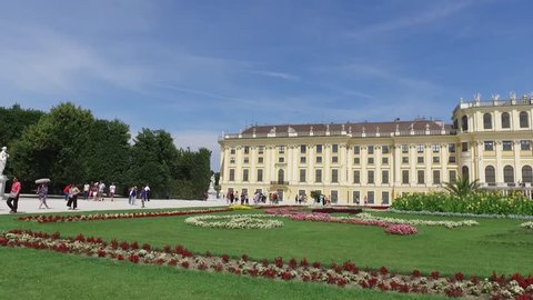 VIENNA, AUSTRIA - AUGUST 06, 2016: Schonbrunn Palace (Schloss Schonbrunn) is a former baroque imperial summer residence located in Vienna. Using of DJI Osmo for smooth motion.