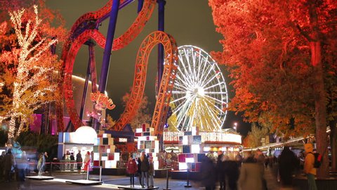 HELSINKI, FINLAND - OCTOBER 17, 2016: LinnanmÃ¤ki Amusement Park in festive lights. Time Lapse.