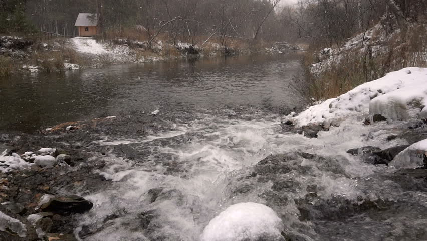 Cascades of the Mountain River in a Valley in the Winter