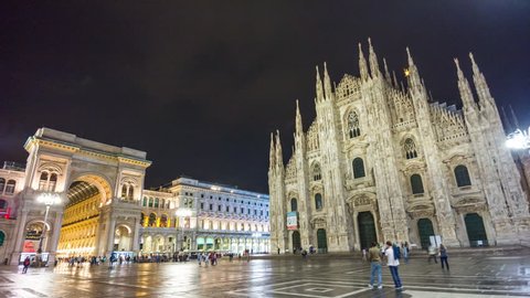 MILAN, ITALY - SEPTEMBER 2016: night galleria vittorio emanuele duomo square walking panorama 4k time lapse circa september 2016 milan, italy.