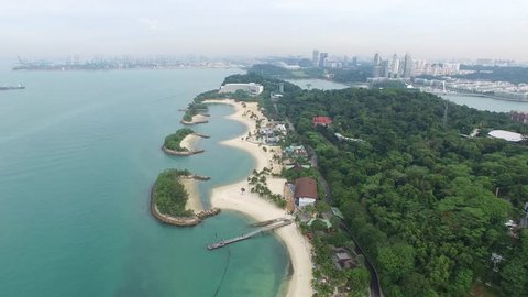 Singapore, Singapore - October 08, 2016 : Sentosa beach at Sentosa island, Singapore from drone. It is a theme park located within Resorts World Sentosa on Sentosa Island, Singapore