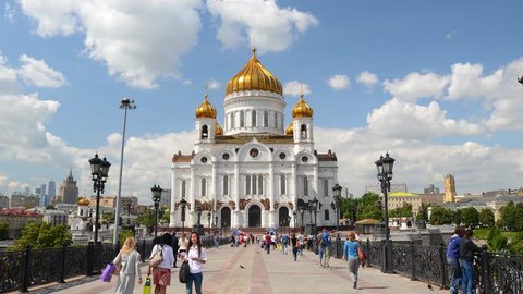 Moving clouds time-lapse Cathedral of Christ the Saviour. Center of Moscow Russia. Epic professional hyperlapse 4K footage. Beautiful sunny day.