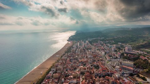 sunny day barcelona city bay beach aerial panorama 4k time lapse spain
