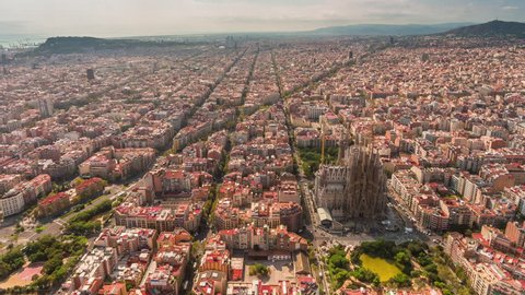 summer day barcelona cityscape aerial panorama 4k time lapse spain