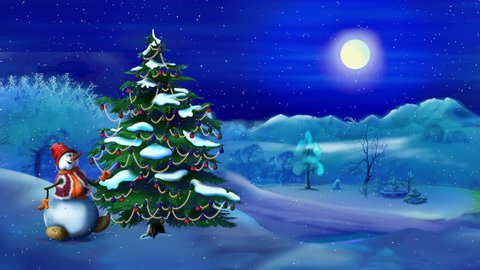 Snowman near a Christmas Tree in a Fairy Tale New Year Night. Handmade animation in classic cartoon style
