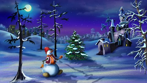Snowman and Christmas Tree near a Magic Castle in a Fairy tale winter night Christmas Eve. Handmade animation in classic cartoon style.