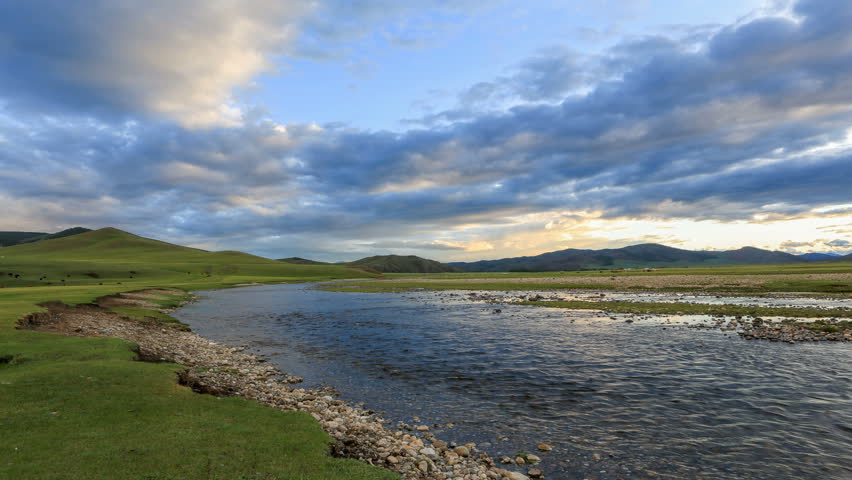 Sunset on the Ulaan river, Mongolia. Full HD