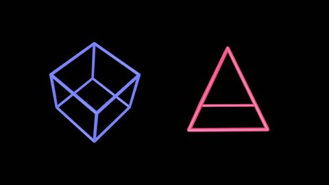 3D Animation - Blue cube and pink pyramid edges rotating on black background 