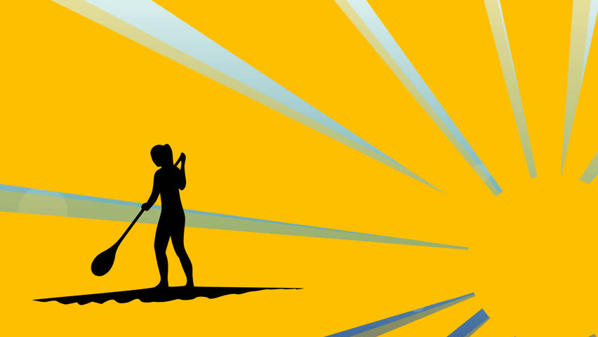 Slender girl surfing with a peddle in the morning light, 4K video, cartoon animation