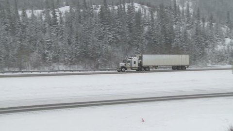 Semi trailer truck on snowy winter highway