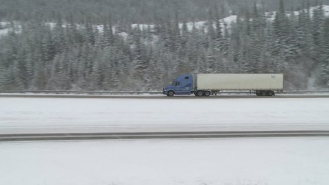 Semi trailer truck on snowy winter highway