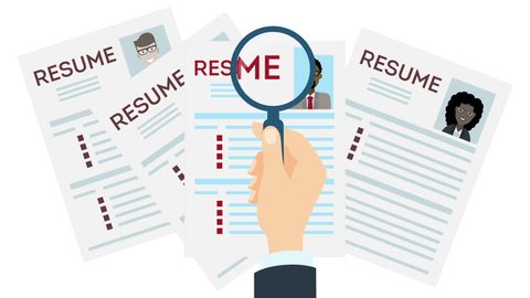 african american man Job interview and recruitment business concept, holding resume and magnifying glass, girl cv Loop with alpha channel