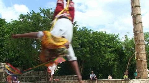 Voladores de papantla ritual indian dance reconstruction. Mexico, Rivera Maya - 2016.