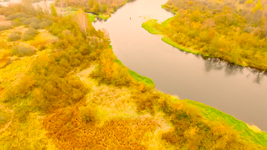 Aerial View. Golden Autumn flying over river near yellow tree. 4K 30fps ProRes (HQ)