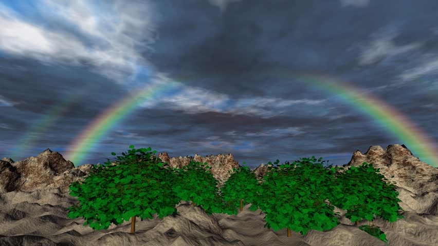 Landscape with rainbow and clouds timelapse 3D animation