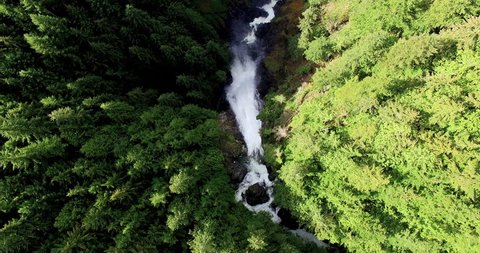 Aerial Waterfalls River Cutting Through Forested Landscape Looking Down