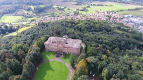 Aerial shot, gorgeous italian abandoned castle, medieval architecture filmed with drone