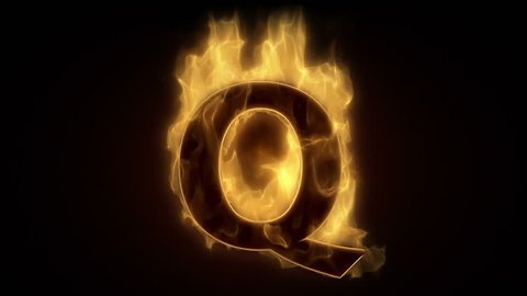 Fiery letter Q burning in loop with particles
