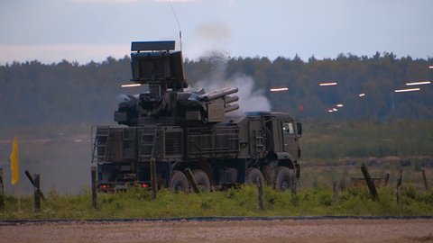 "SA-22 Greyhound" - Russian self-propelled anti-aircraft missile and gun system carries out the shots at a military training ground during the exercise. Includes audio. Contains audio