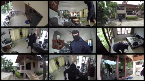 Montage of Thief in Mask Stealing House. Surveillance Camera Video