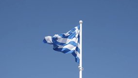 Slow motion of Greek national symbol silky fabric on flagpole 1920X1080 HD footage - Flag of Greece against blue sky waving slow-mo 1080p FullHD video