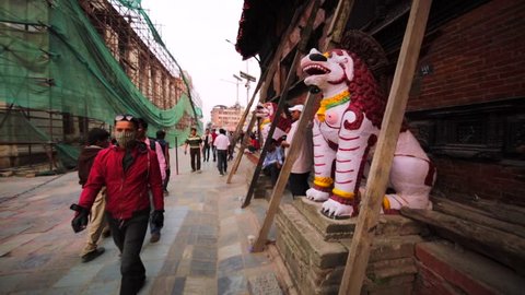 KATHMANDU, NEPAL - APRIL 8, 2016: Temple of Living Goddess Kumari. Building was damaged by the earthquake on 25 April, 2015.