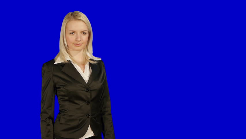 young woman presenting, blue screen isolated template