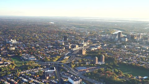Hartford Ct fall morning. AERIAL Hartford, capitol of Ct  4k  skyline, close downtown view North.