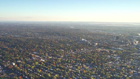 Hartford Ct fall morning. AERIAL Hartford area, capitol of Ct  4k  skyline, close downtown view North.