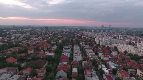 Aerial sunset view of downtown city