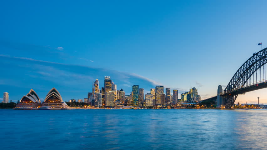 4k timelapse video of Sydney CBD from sunset to night, with view of Harbour Bridge and Opera House