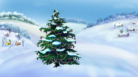 Christmas Tree in a Wonderful Winter Day. Handmade animation in classic cartoon style.