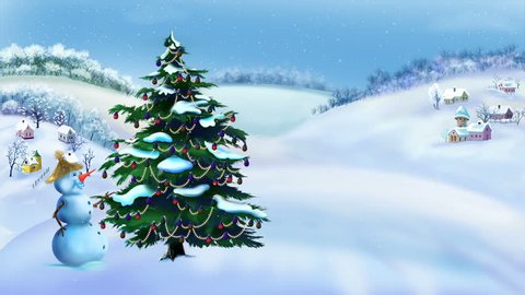 Snowman and Christmas Tree in a Wonderful Winter Day. Handmade animation in classic cartoon style.