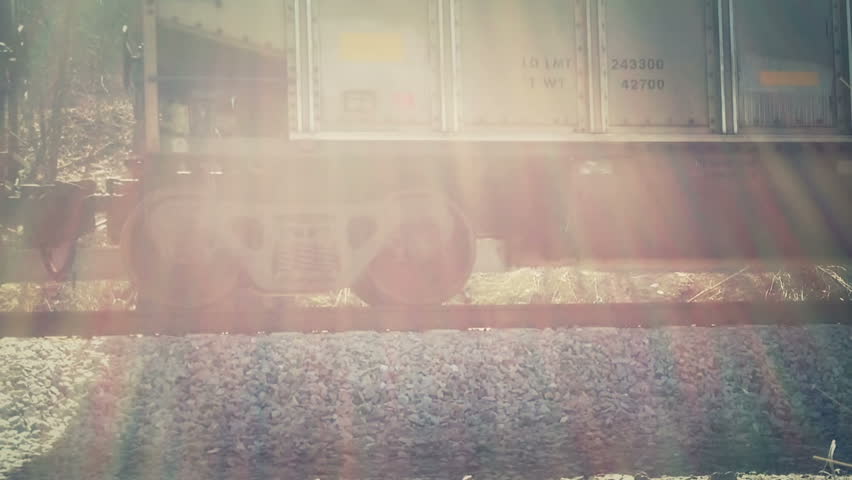 A cargo train passes by in the blazing sun.
