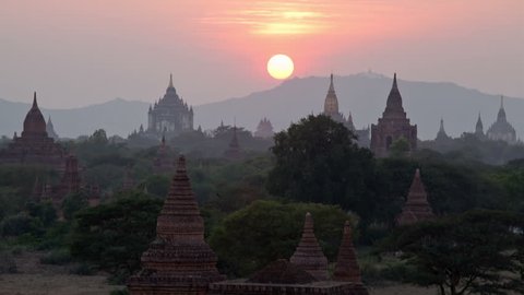 Sunset over pagodas in Bagan valley, Burma. Time lapse. 30fps progressive version.