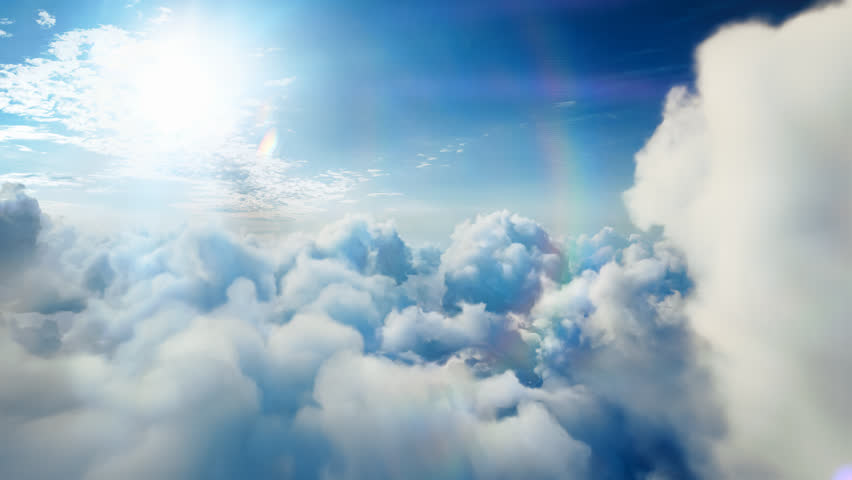 Flying over the timelapse clouds with the afternoon sun. Seamlessly looped animation. Flight through moving cloudscape with beautiful lens flare. Traveling by air. Perfect for cinema, background Royalty-Free Stock Footage #20788696