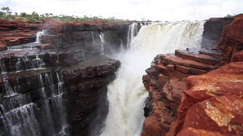 Very rare close up footage of the first drop of the Eastern falls in flood on the King George River, North Kimberley, Western Australia, accessible only by helicopter or boat.