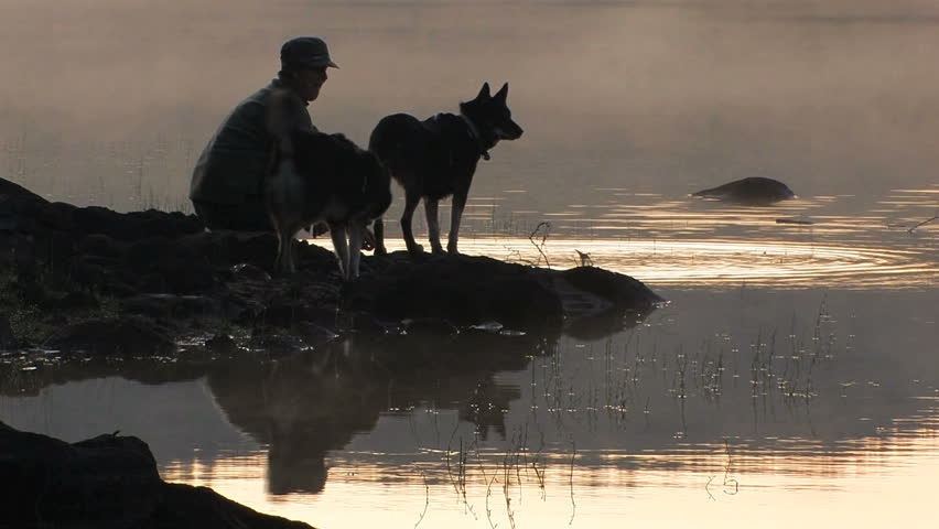 Woman and dogs in silhouette at lake